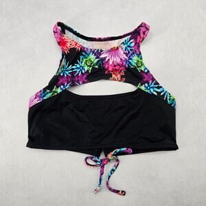 Neontide Black Floral‎ Sports Bra Cutout Active Bikini Bralette Swim Top S Small